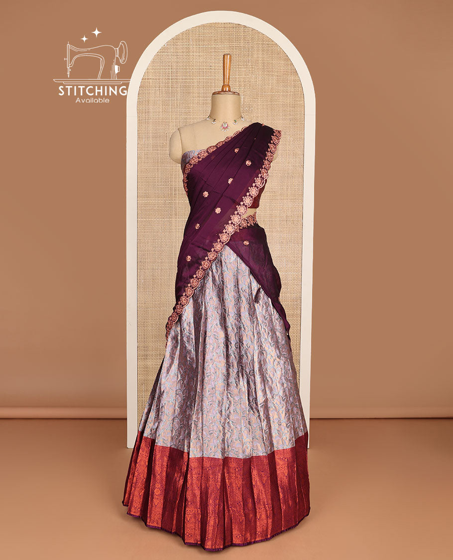 Grey floral buttas half saree with contrast traditional zari design border, zari design blouse & floral embroidery scallop border dhavani