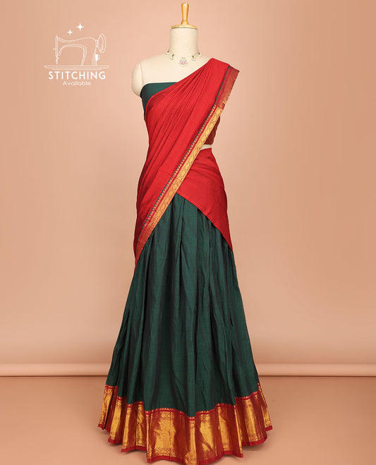 Dark green cotton half saree with contrast traditional zari design border, zari design blouse & plain, floral design border dhavani