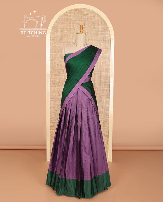 Purple checked cotton half saree with contrast border, plain blouse & plain dhavani