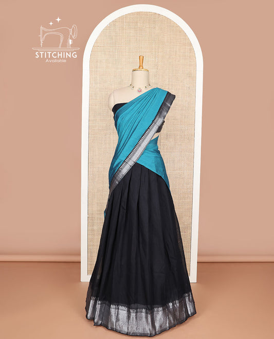 Black cotton half saree with contrast zari design border, zari design blouse & plain, zari design border dhavani