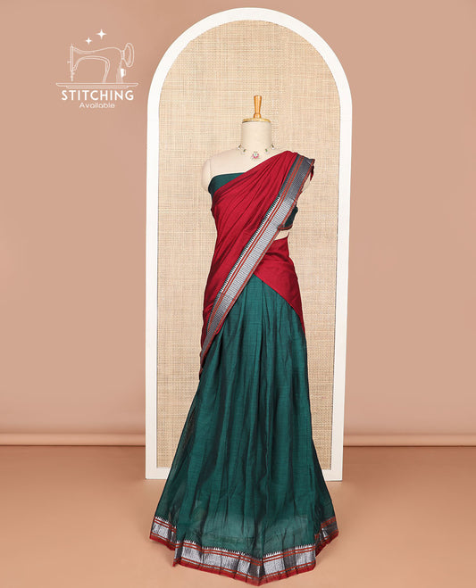 Green cotton half saree with contrast zari design border, zari design blouse & zari design border dhavani