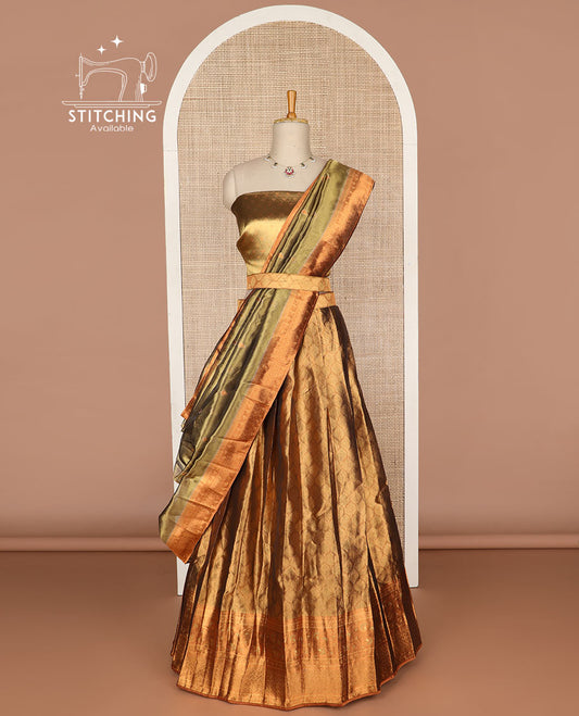 Brown ogee design tissue half saree with contrast zari design border, floral design blouse & floral design dhavani