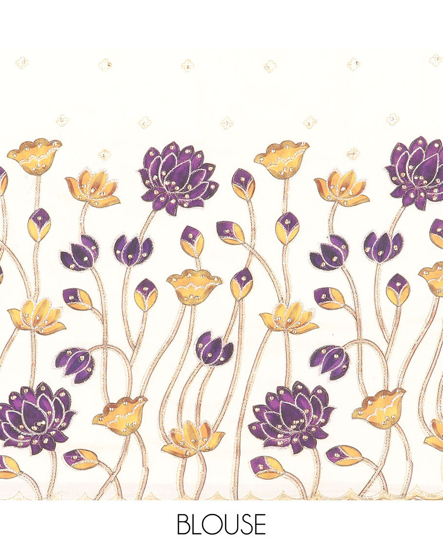 Sandal half-saree, Pichwai lotus printed with buttas skirt, Pichwai lotus printed and embroidery blouse, and contrast plain dhavani