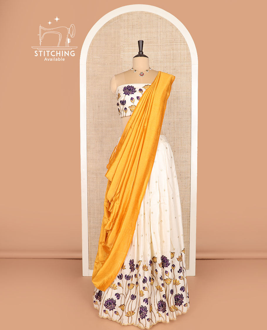 Sandal half-saree, Pichwai lotus printed with buttas skirt, Pichwai lotus printed and embroidery blouse, and contrast plain dhavani