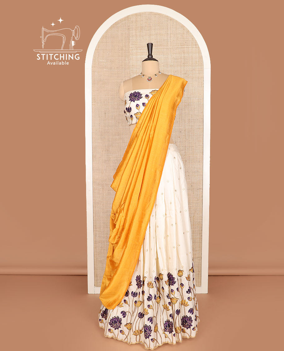 Sandal half-saree, Pichwai lotus printed with buttas skirt, Pichwai lotus printed and embroidery blouse, and contrast plain dhavani