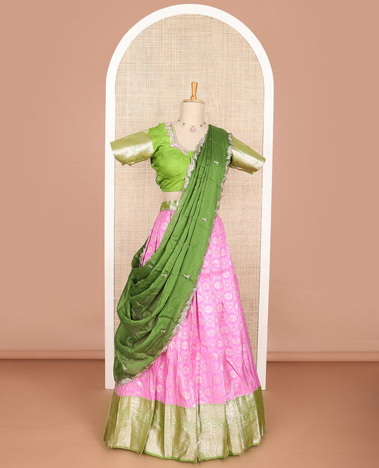 Light Pink floral art silk half saree with contrast zari design border, embroidered blouse & floral embroidery dhavani