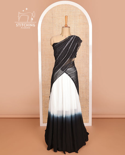 White & black  georgette half saree with plain blouse & striped dhavani
