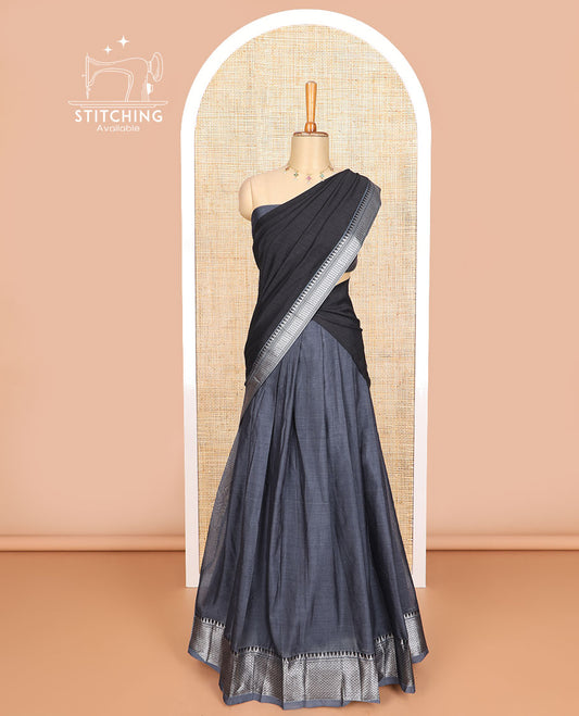 Dark grey cotton half saree with contrast zari design border, zari design blouse & plain , zari design border dhavani