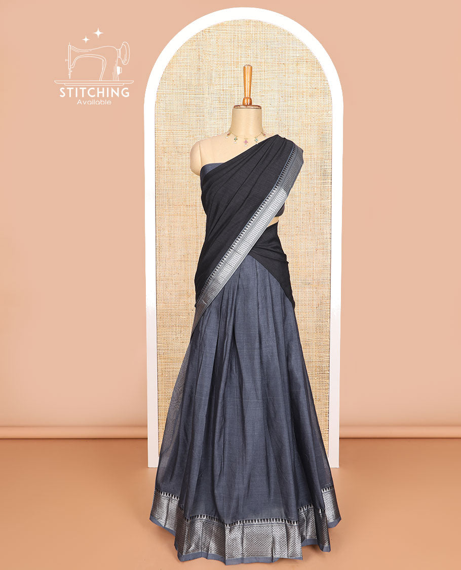 Dark grey cotton half saree with contrast zari design border, zari design blouse & plain , zari design border dhavani