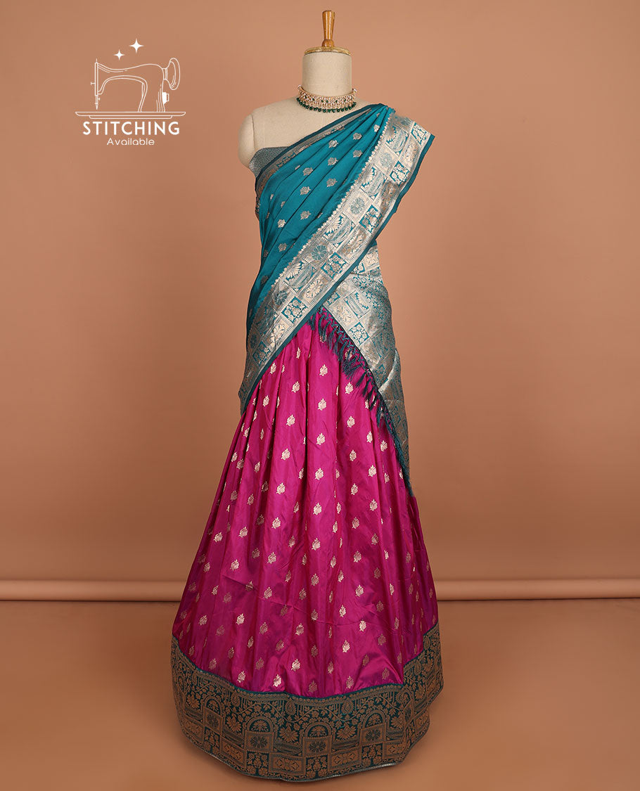 Pink buttas half sare with contrast zari border, zari design blouse & floral design dhavani