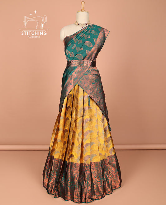 Gold floral buttas half saree with contrast zari border, zari design blouse & floral zari design dhavani