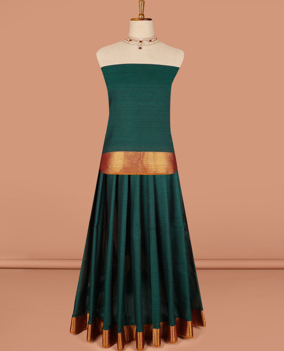 Blue cotton half saree contrast zari border with plain blouse & plain dhavani with zari designborder