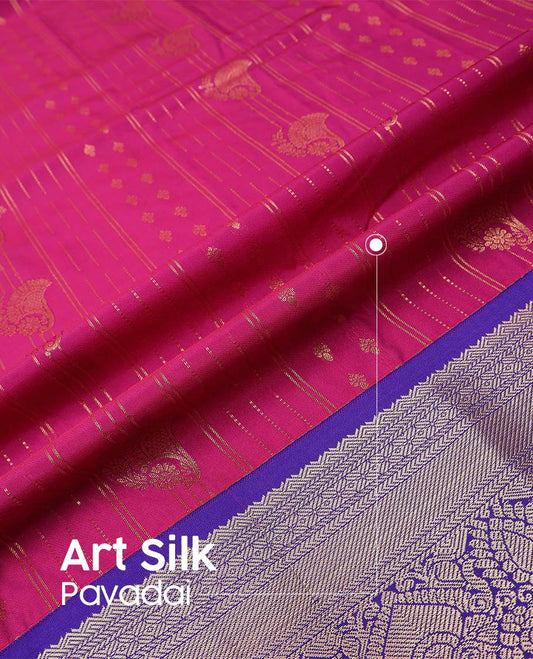 Magenta art silk pavadai material, zari design with contrast traditional zari border skirt, a contrast bordered blouse