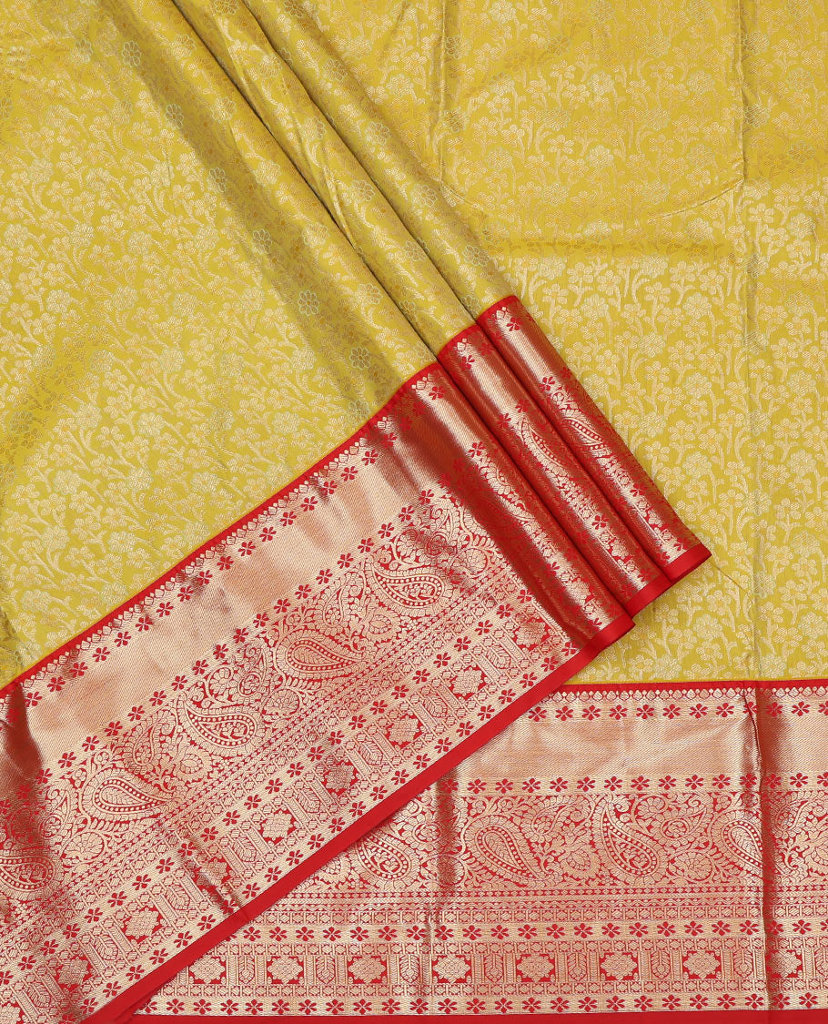 Leaf Green Art Silk Pavadai Material, Accentuated with Jacquard Design, Contrast Traditional Zari Design Border, and a Contrast Blouse