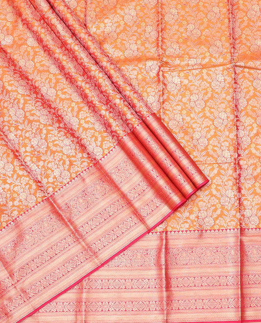 Orange Art Silk Half-Saree, Graced with Floral Jacquard Design, Contrast Traditional Zari Border, and Paired with a Matching Blouse