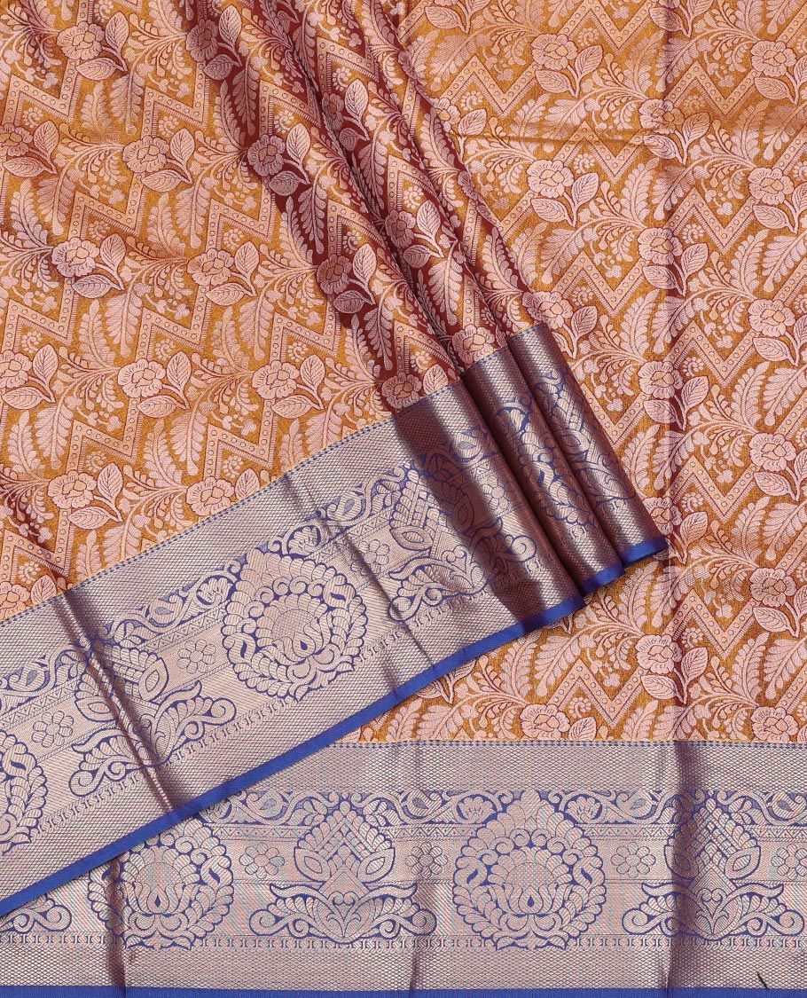 Mustard Art Silk Pavadai Material Set Majestically Detailed with Jacquard Design on Its Skirt, Complemented by a Contrast Zari Design Border, and Paired with a Matching Jacquard Blouse