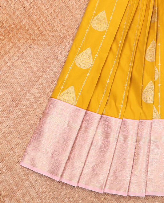 Yellow Budget Silk Saree, Decorated with Zari Buttas and Stripes on Its Body, Complemented by a Contrast Traditional Zari Design Border, Pallu of Jaal Designs, and Paired with a Contrast Blouse