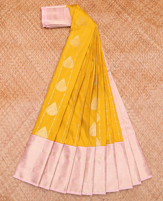 Yellow Budget Silk Saree, Decorated with Zari Buttas and Stripes on Its Body, Complemented by a Contrast Traditional Zari Design Border, Pallu of Jaal Designs, and Paired with a Contrast Blouse