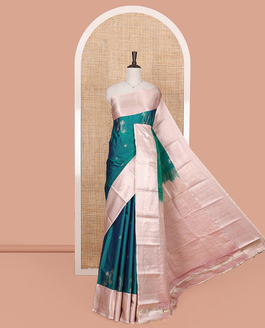 Peacock Blue Budget Silk Saree, Ornamented with Zari Buttas on Its Body, Complemented by a Contrast Traditional Zari Design Border, Chevron Striped Pallu, and Paired with a Contrast Blouse