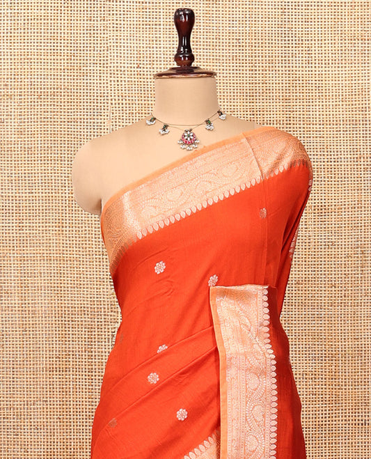 Orange Assam Silk Saree, Accentuated with Zari Buttas, Complemented by Contrast Traditional Zari Border, Striped Pallu, and Contrast Blouse