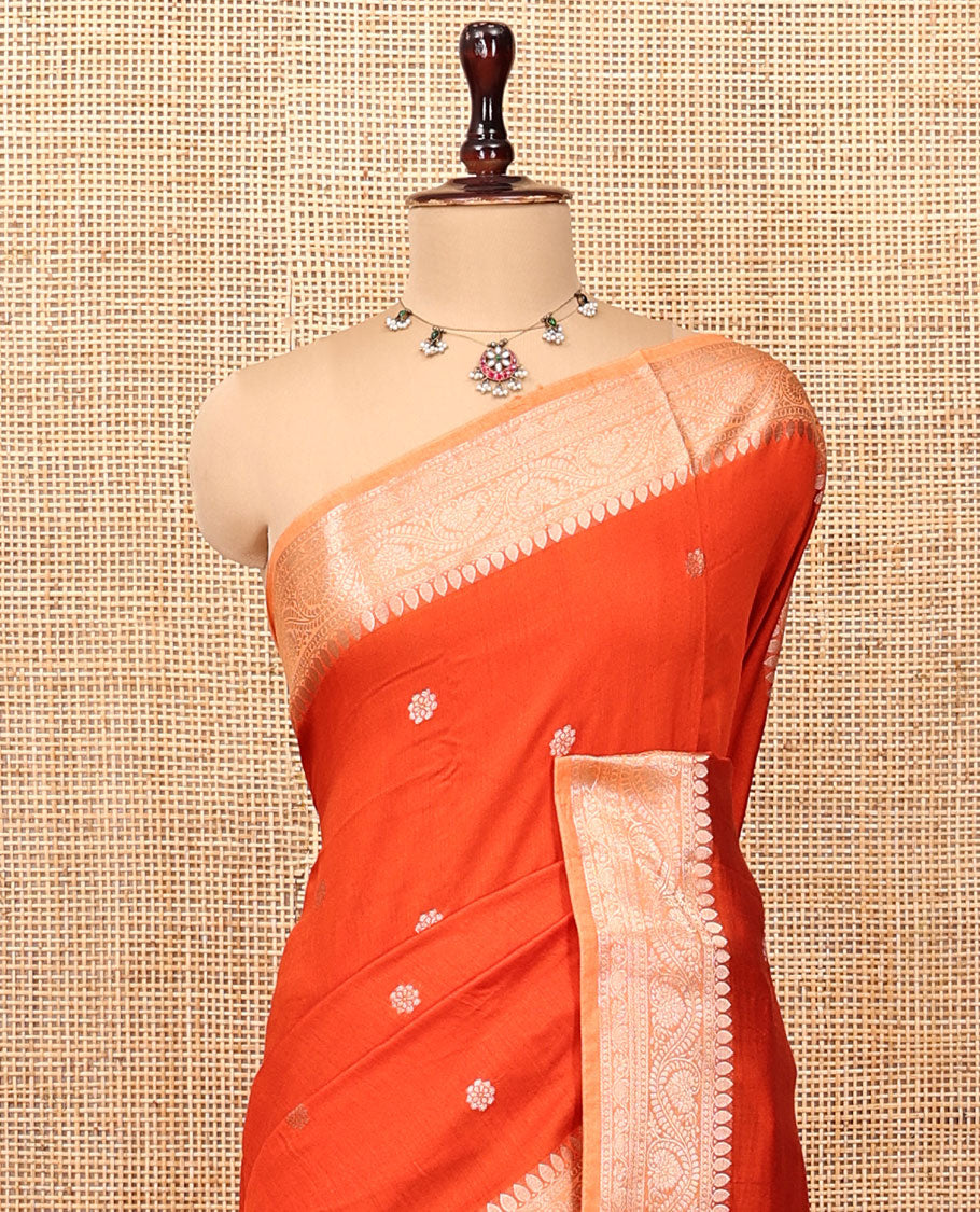 Orange Assam Silk Saree, Accentuated with Zari Buttas, Complemented by Contrast Traditional Zari Border, Striped Pallu, and Contrast Blouse