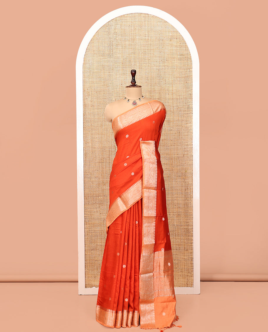 Orange Assam Silk Saree, Accentuated with Zari Buttas, Complemented by Contrast Traditional Zari Border, Striped Pallu, and Contrast Blouse