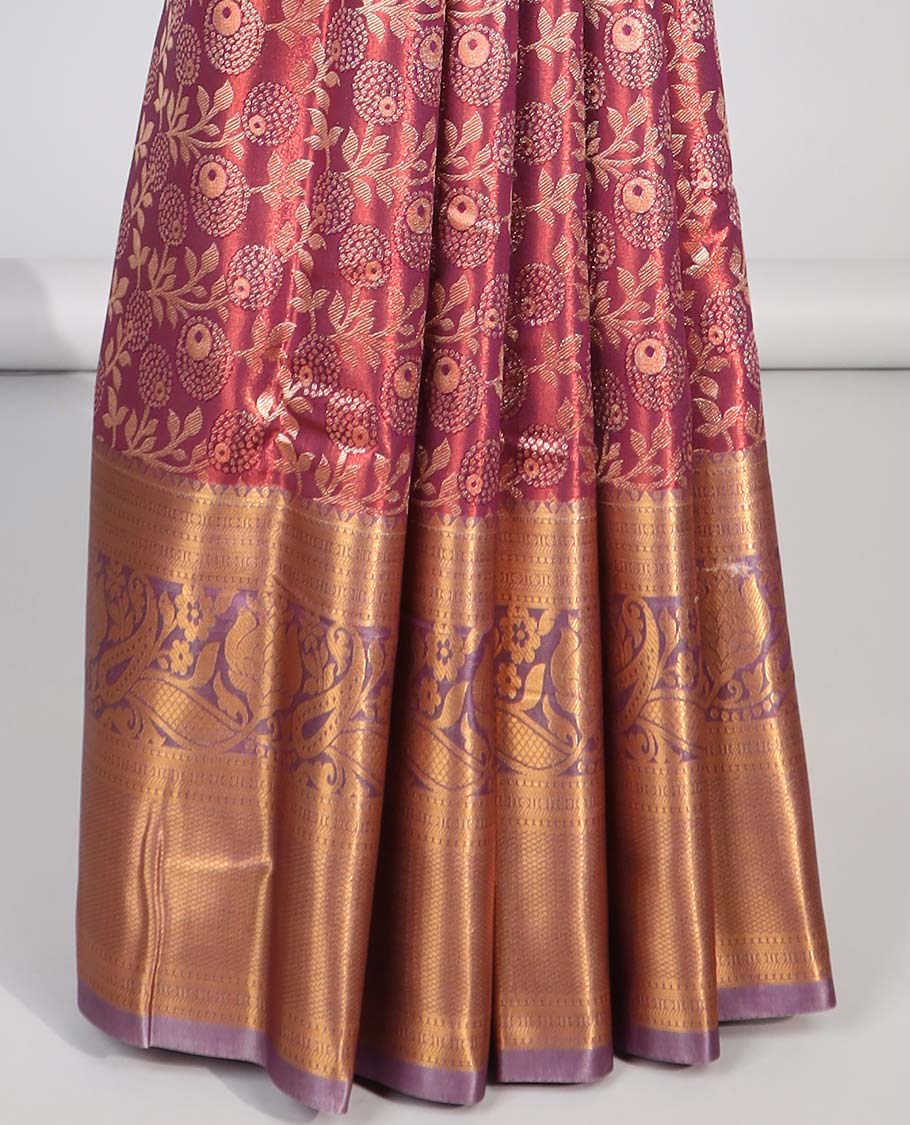 Red floral vine design budget silk saree with contrast zari design border & paisley zari design pallu