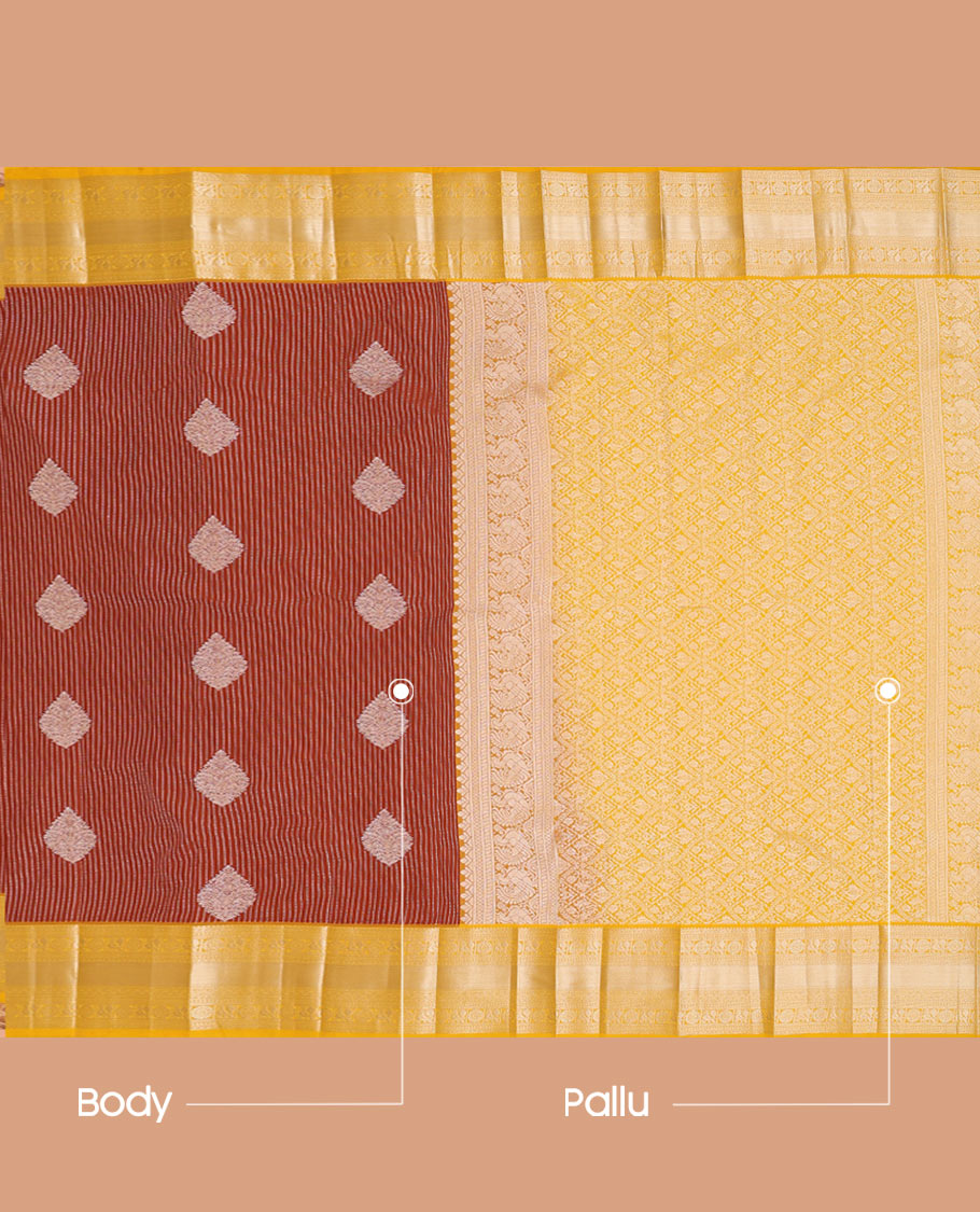 Rust striped and buttas budget silk saree, contrast traditional zari border, and jaal pallu