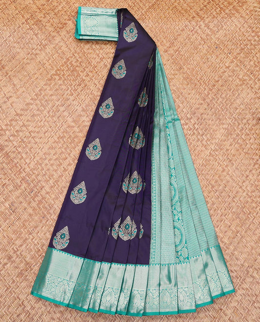 Navy Blue Budget Silk Saree, Prettified with Zari Buttas All Over Its Body, Complemented by a Contrast Traditional Zari Design Border, Grand Diagonal Striped Pallu, and Paired with a Contrast Blouse