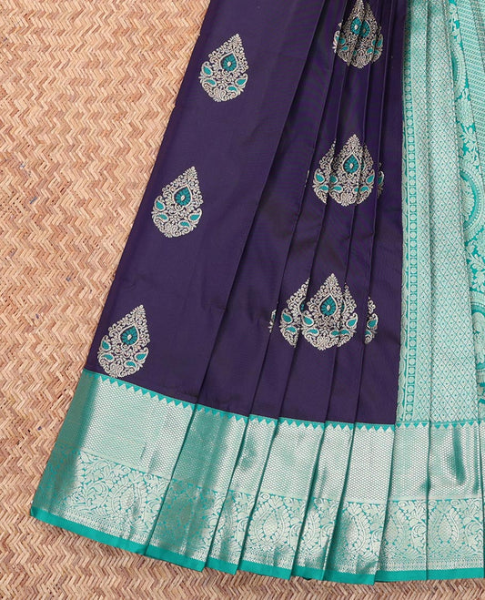Navy Blue Budget Silk Saree, Prettified with Zari Buttas All Over Its Body, Complemented by a Contrast Traditional Zari Design Border, Grand Diagonal Striped Pallu, and Paired with a Contrast Blouse