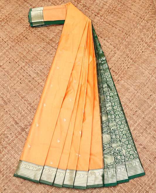 Orange Budget Silk Saree, Woven with Zari Buttas All Over Its Body, Complemented by a Contrast Traditional Zari Design Border, Intricately Designed Pallu, and Paired with a Contrast Blouse