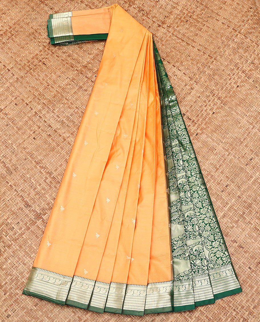 Orange Budget Silk Saree, Woven with Zari Buttas All Over Its Body, Complemented by a Contrast Traditional Zari Design Border, Intricately Designed Pallu, and Paired with a Contrast Blouse
