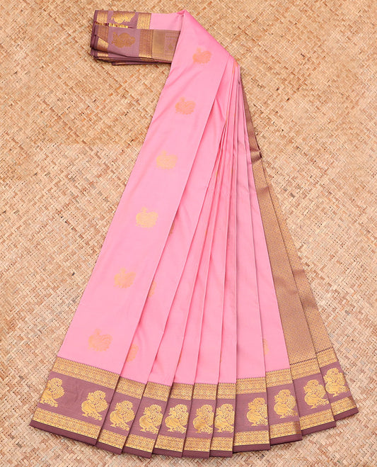 Pink Budget Silk Saree, Highlighted with Zari Buttas on Its Body, Complemented by a Contrast Traditional Zari Border of Peacock Designs, Grand Jaal Pallu, and Paired with a Contrast Blouse