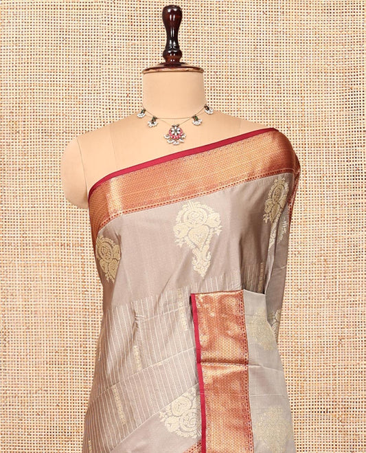 Grey Budget Silk Saree, Decorated with Zari Designs, Complemented by a Contrast Traditional Zari Border, Pallu of Intricate Designs, and a Contrast Blouse