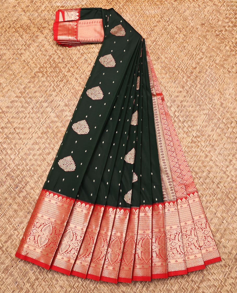 Green Budget Silk Saree, Finely Crafted with Zari Buttas, Complemented by a Contrast Traditional Zari Border, Grand Pallu, and a Contrast Blouse