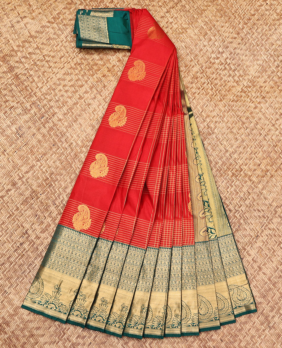 Red Budget Silk Saree, Enthralled with Zari Buttas and Checks, Complemented by a Contrast Traditional Zari Border, Intricate Pallu, and a Contrast Blouse