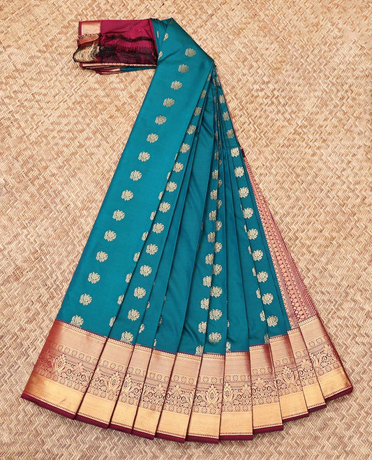 Blue Budget Silk Saree, Accentuated with Zari Buttas, Complemented by a Contrast Traditional Zari Border, Geometric Pallu, and a Contrast Blouse