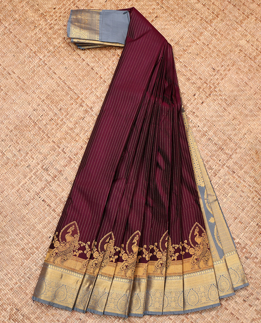 Wine Budget Silk Saree, Simply Sparkled with Zari Stripes and Peacock Buttas, a Contrast Traditional Zari Checked Border, Grand Pallu, and a Contrast Blouse