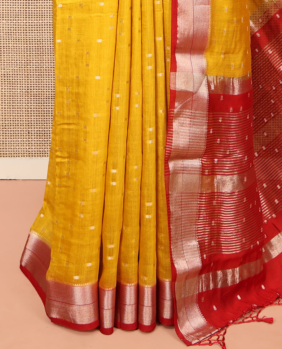 Yellow Assam Silk Saree, Subtly Sparkled with Zari Buttas, Complemented by a Contrast Traditional Zari Border, Zari Striped Pallu, and a Contrast Blouse
