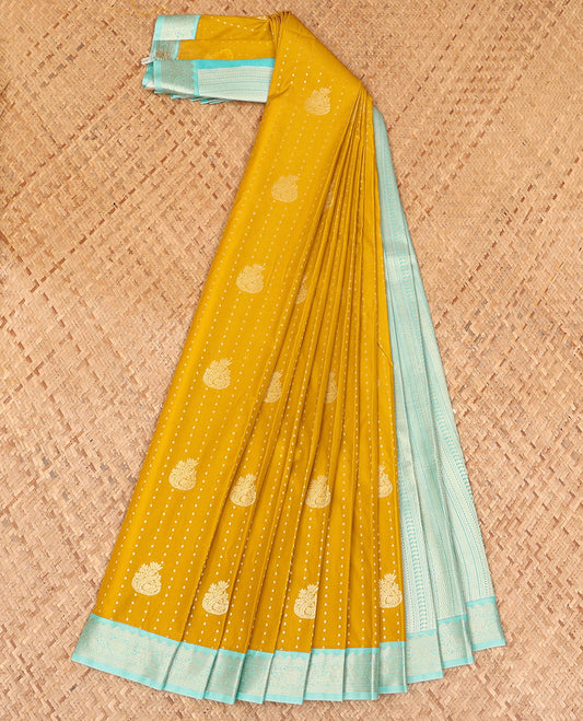 Yellow Budget Silk Saree Beautified with Zari Buttas, Complemented with a Contrast Traditional Zari Design Small Border, Zari Decked Up Pallu of Geometric Designs, and Paired with a Contrast Blouse