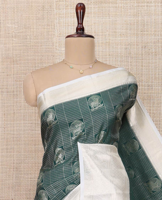 Green Budget Silk Saree, Meticulously Crafted with Jacquard Design All Over Its Body, Complemented by a Contrast Traditional Zari Design Border, Meticulously Crafted Pallu, and Paired with a Contrast Blouse