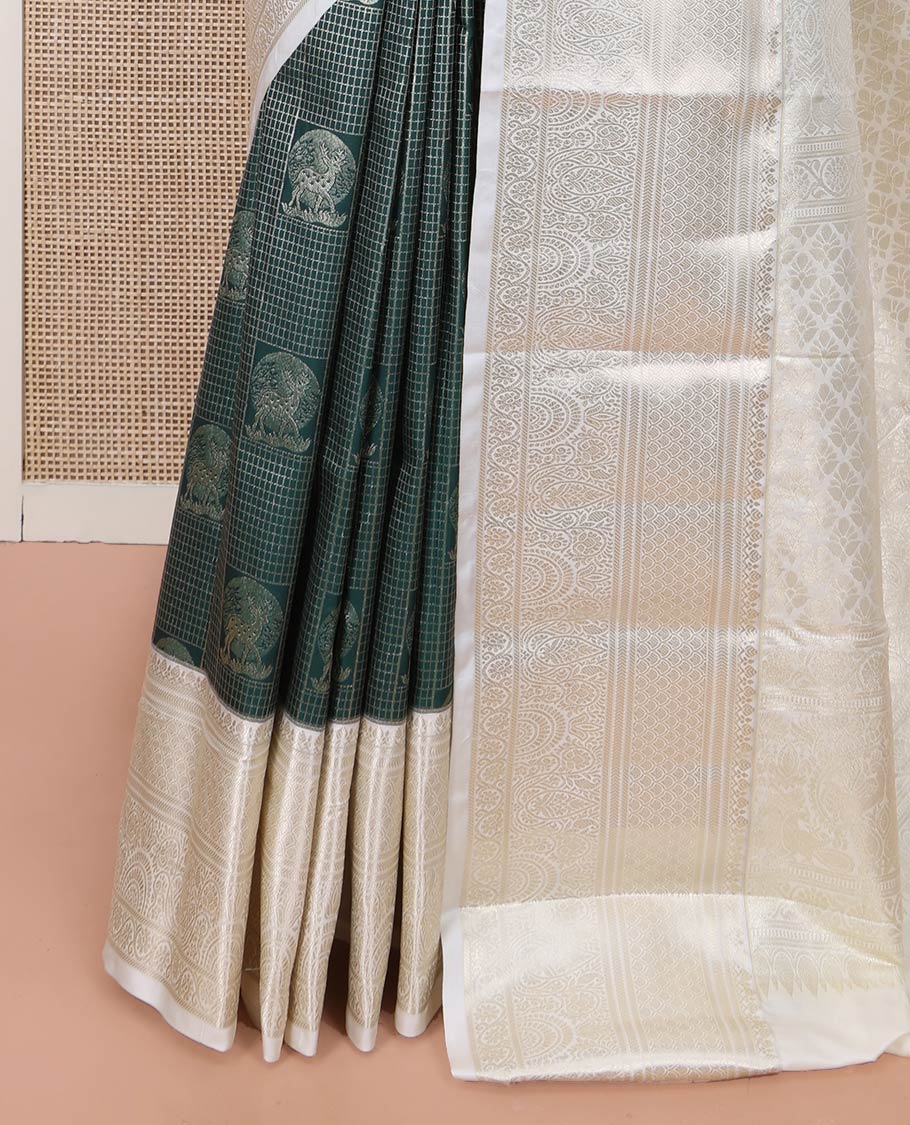 Green Budget Silk Saree, Meticulously Crafted with Jacquard Design All Over Its Body, Complemented by a Contrast Traditional Zari Design Border, Meticulously Crafted Pallu, and Paired with a Contrast Blouse