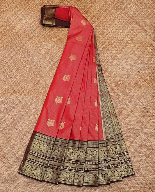 Red Budget Silk Saree, Elevated with Zari Buttas and Stripes All Over Its Body, Complemented by Contrast Traditional Zari Designs Woven Border, Grand Jaal Pallu and Paired with a Contrast Blouse