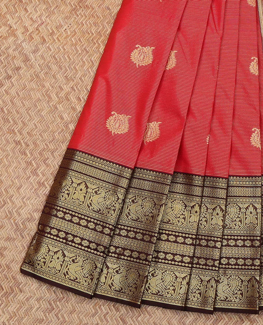 Red Budget Silk Saree, Elevated with Zari Buttas and Stripes All Over Its Body, Complemented by Contrast Traditional Zari Designs Woven Border, Grand Jaal Pallu and Paired with a Contrast Blouse