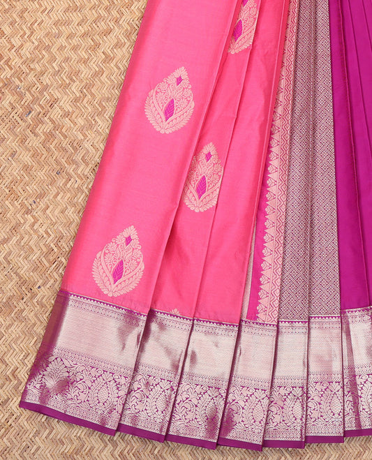 Pink Budget Silk Saree, Beautified with Zari Buttas All Over Its Body, Complemented by a Contrast Traditional Zari Design Border, Grand Jaal Pallu, and Paired with a Contrast Blouse