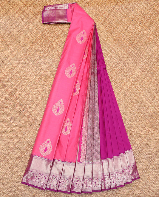 Pink Budget Silk Saree, Beautified with Zari Buttas All Over Its Body, Complemented by a Contrast Traditional Zari Design Border, Grand Jaal Pallu, and Paired with a Contrast Blouse