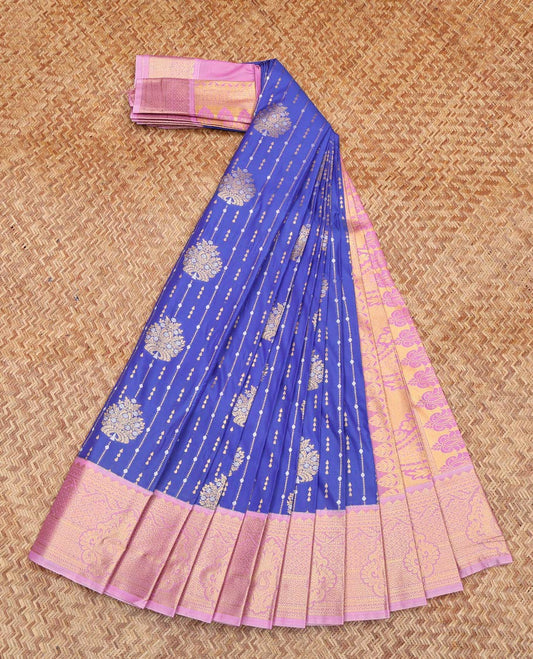 Blue Budget Silk Saree, Elevated with Zari Buttas All Over Its Body, Complemented by Contrast Traditional Zari Designs Woven Border, Pallu of Paisleys, and Paired with a Contrast Blouse
