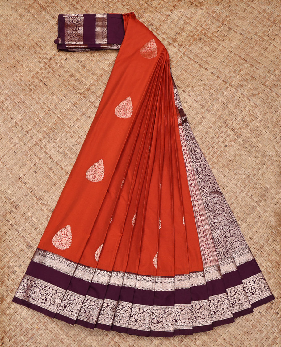 Orange Budget Silk Saree, Spotlighted with Zari Buttas All Over Its Body, Complemented by a Contrast Traditional Zari Design Rettai Pettu Border, Grandly Zari Woven Pallu, and Paired with a Contrast Blouse