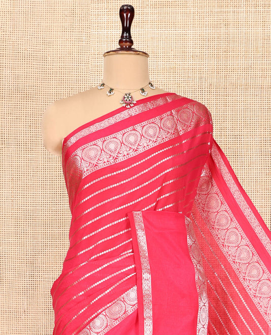 Pink Assam Silk Saree, Majestically Detailed with Zari Stripes, a Traditional Zari Border, a Pallu of Zari Designs
