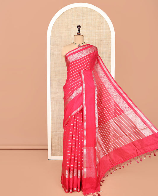 Pink Assam Silk Saree, Majestically Detailed with Zari Stripes, a Traditional Zari Border, a Pallu of Zari Designs